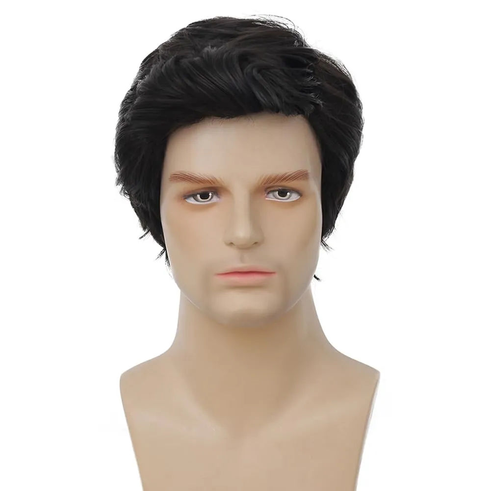 Kaneles Men Black Short Wigs Natural Layered Fluffy Synthetic Wig for Daily Halloween Male Wigs(Black)