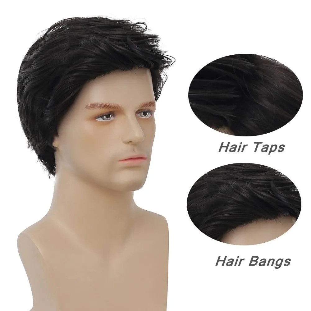 Kaneles Men Black Short Wigs Natural Layered Fluffy Synthetic Wig for Daily Halloween Male Wigs(Black)