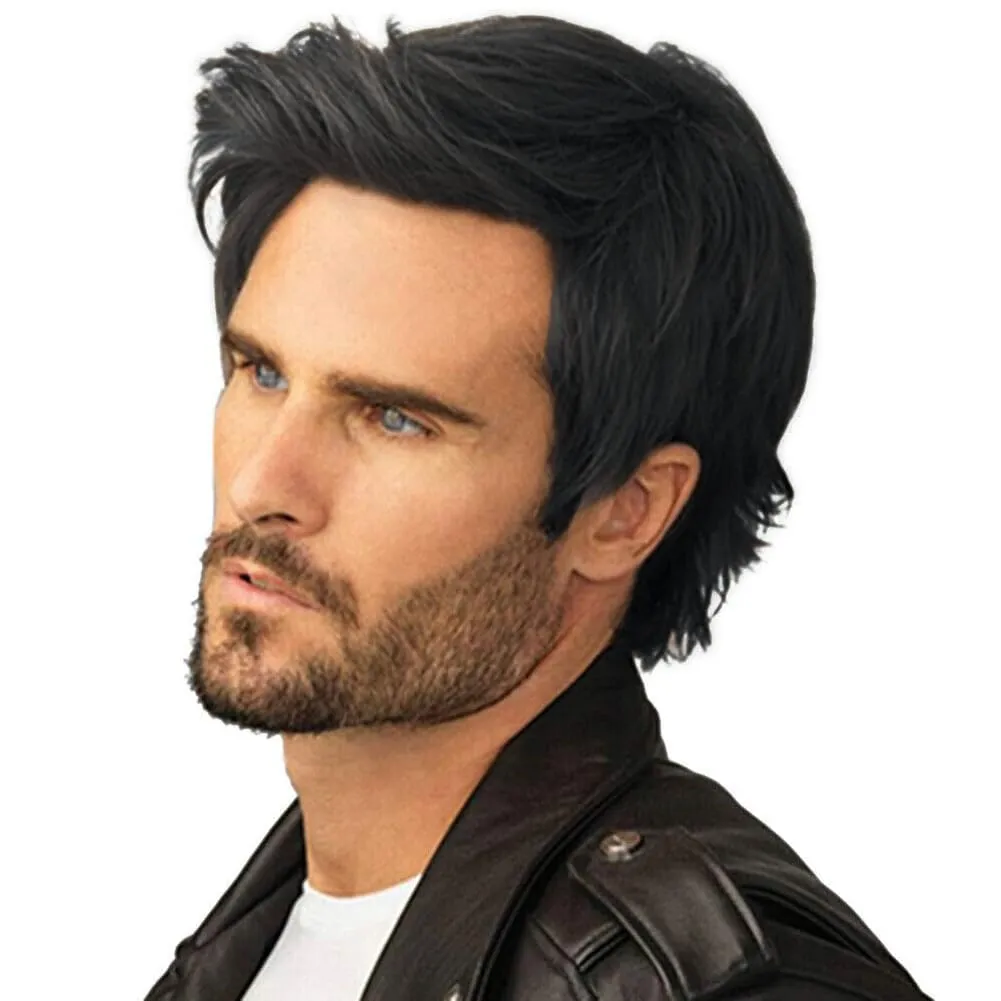 Kaneles Men Black Short Wigs Natural Layered Fluffy Synthetic Wig for Daily Halloween Male Wigs(Black)