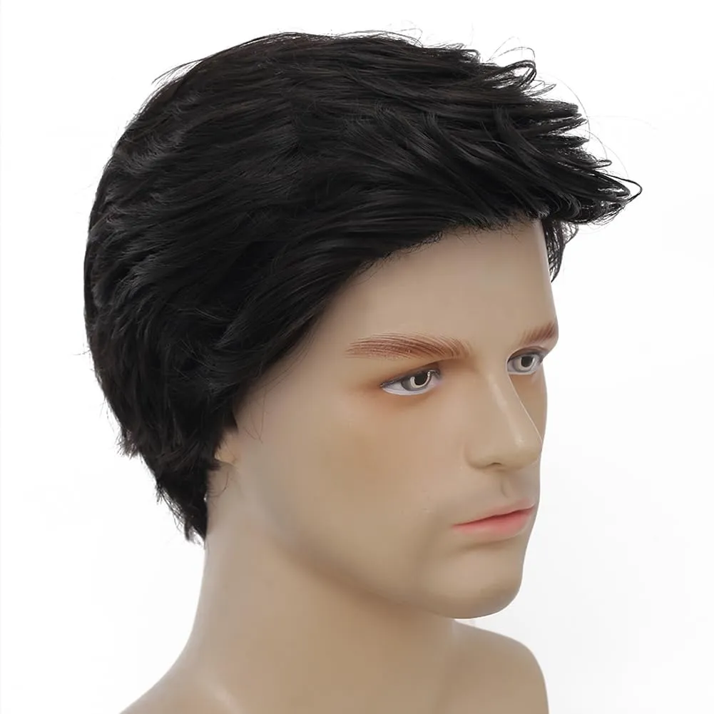 Kaneles Men Black Short Wigs Natural Layered Fluffy Synthetic Wig for Daily Halloween Male Wigs(Black)