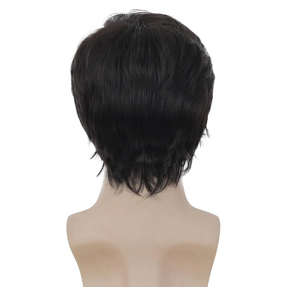 Kaneles Men Black Short Wigs Natural Layered Fluffy Synthetic Wig for Daily Halloween Male Wigs(Black)