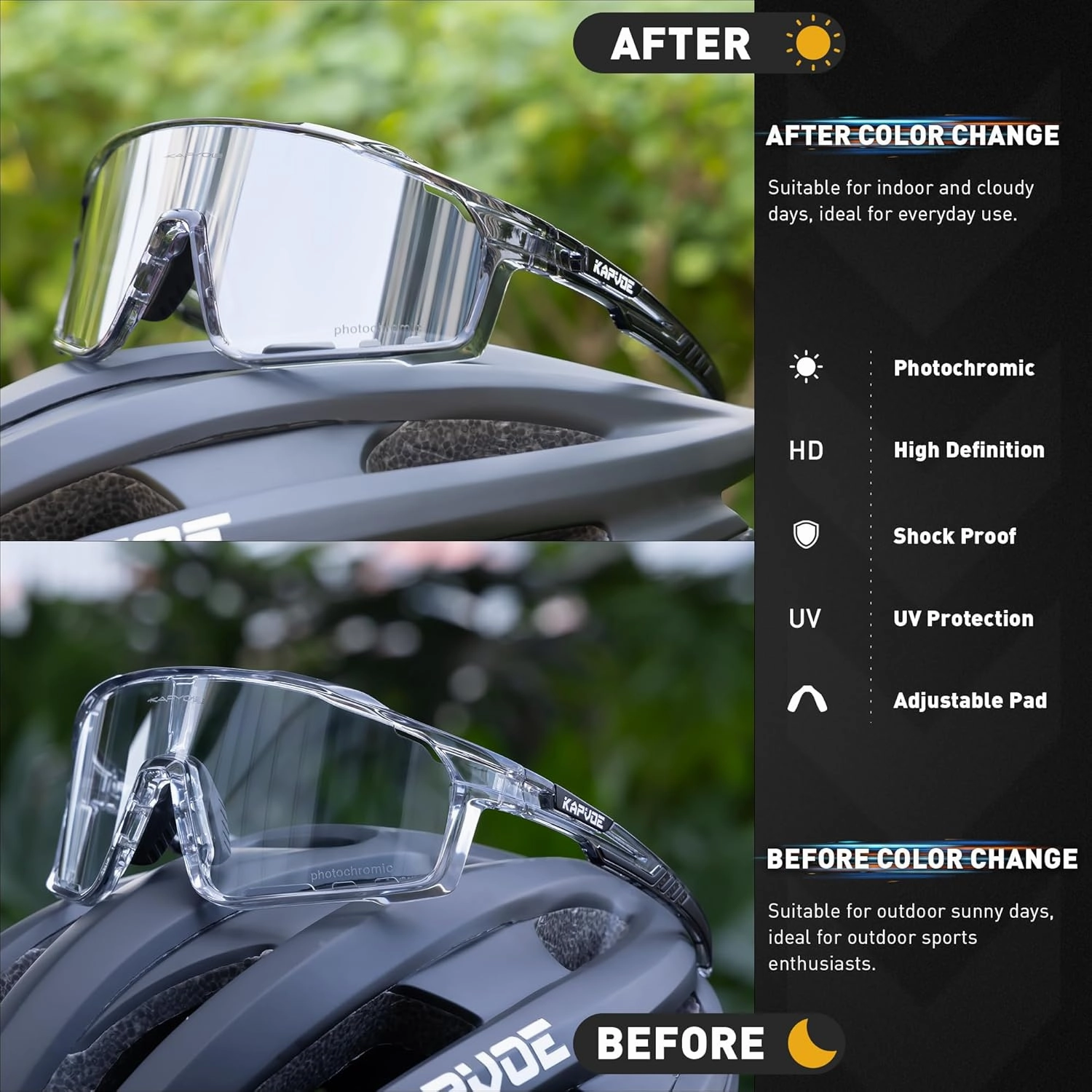 KAPVOE Photochromic Cycling Glasses for Men Women Sports Sunglasses Frame Discoloration HD Bike Glasses K76
