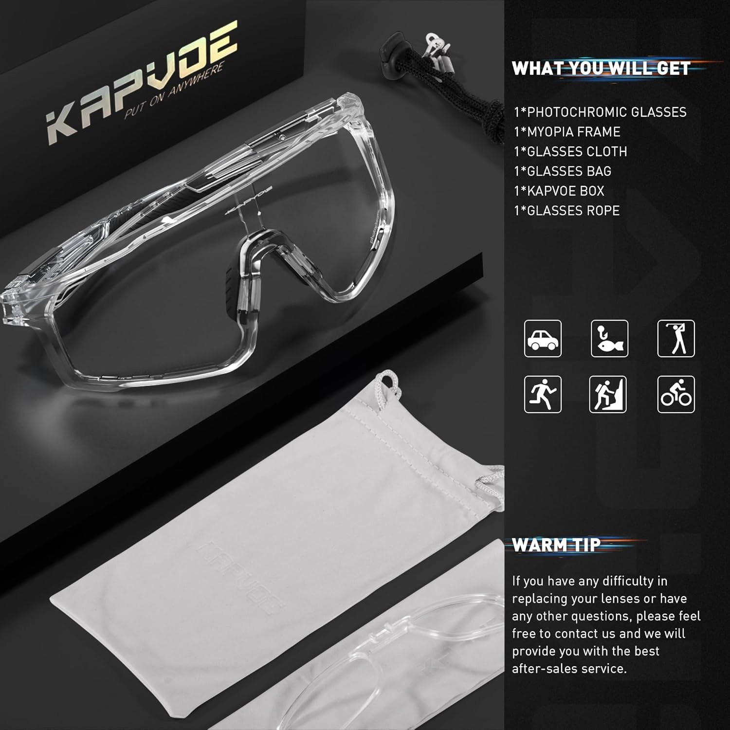 KAPVOE Photochromic Cycling Glasses for Men Women Sports Sunglasses Frame Discoloration HD Bike Glasses K76