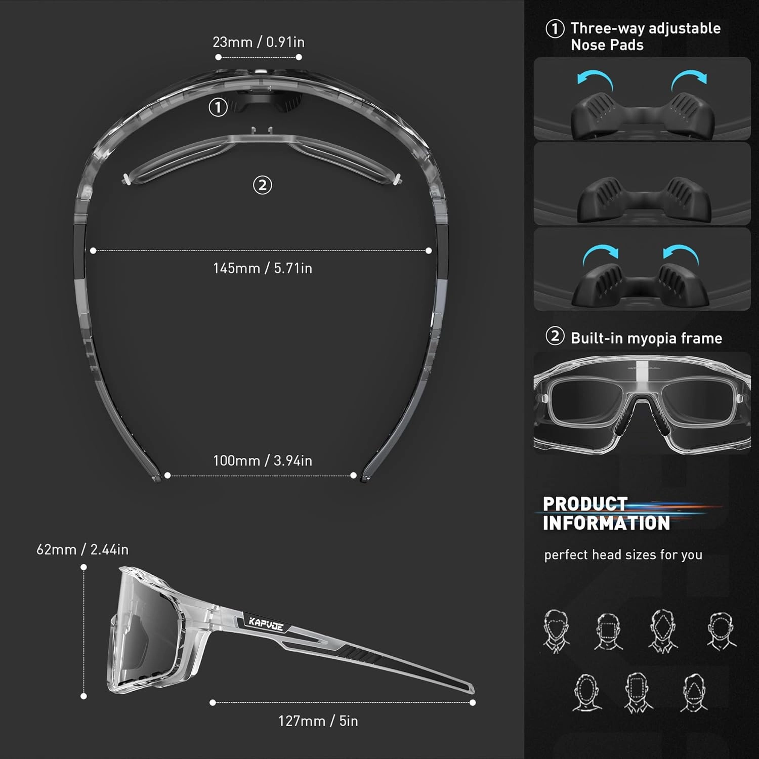 KAPVOE Photochromic Cycling Glasses for Men Women Sports Sunglasses Frame Discoloration HD Bike Glasses K76
