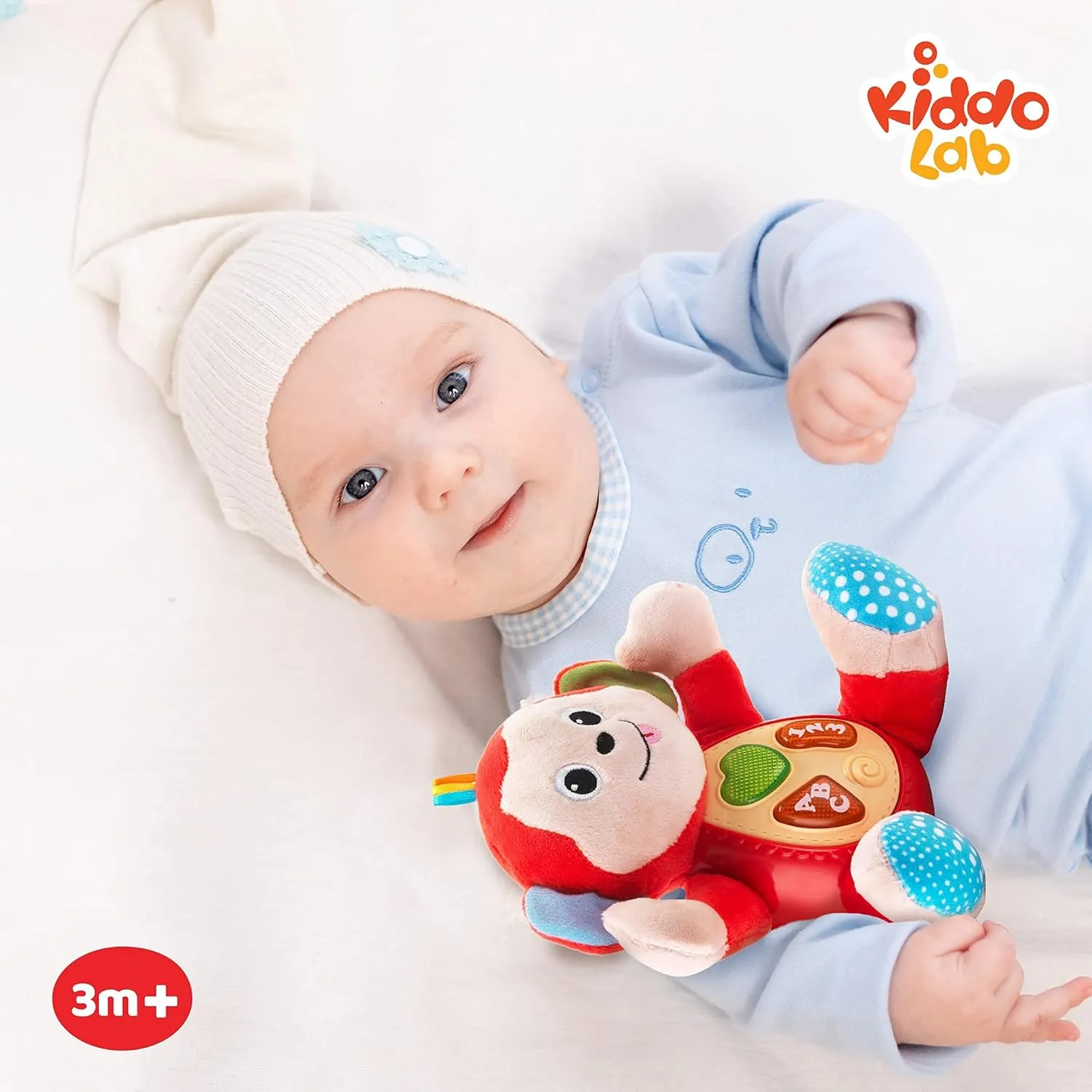 KiddoLab Musical Monkey Plush Toy - Soft Stuffed Animal with Light-Up Buttons and Melodic Nursery Songs for 3  Month Old Babies