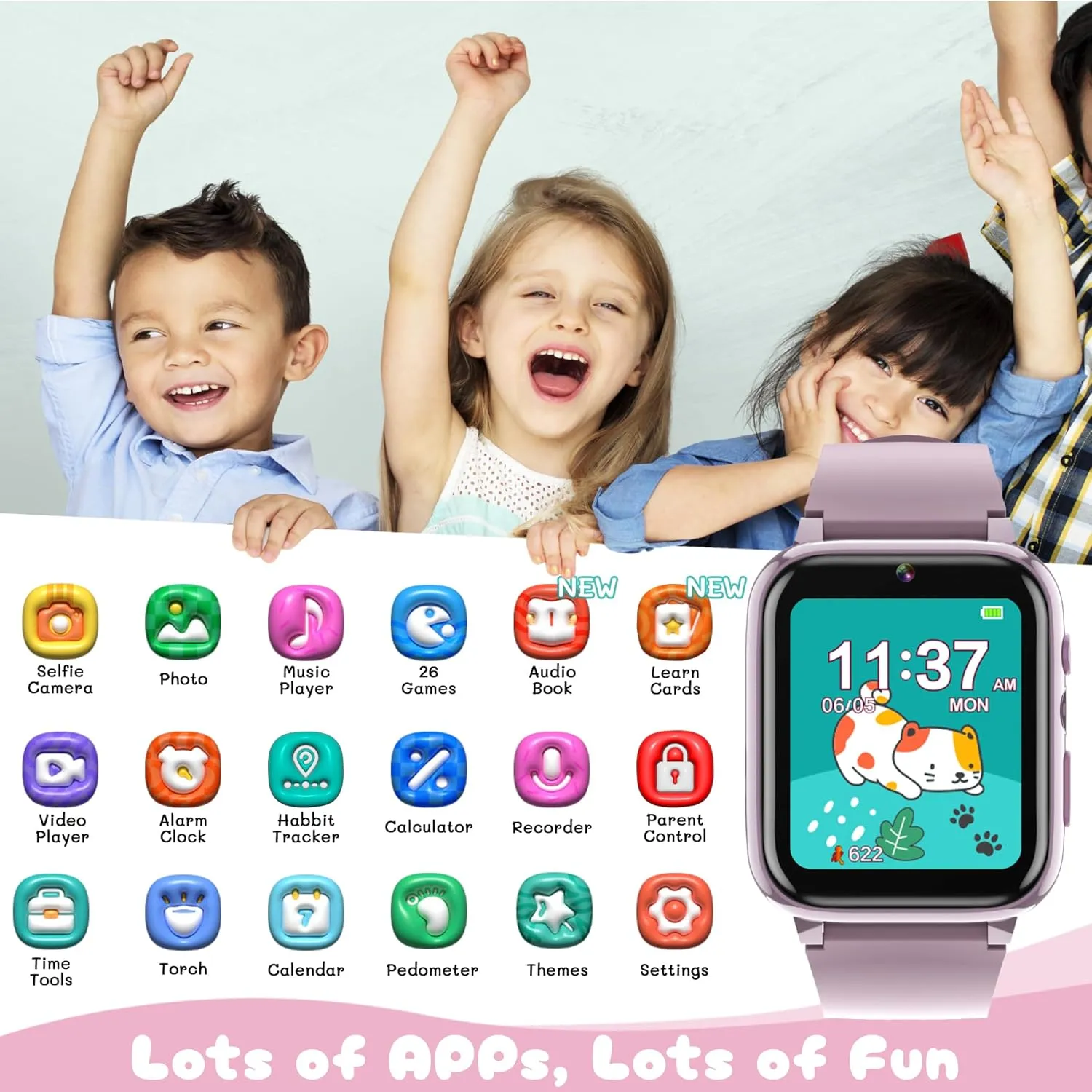 Kids Smart Watch Girls , Ages 3-12 Watches for Girls with 26 Games Pedometer Selfie Camera Calendar Learning Card Audio Book Educational Toy Watch for Girls Birthday Gift Ideas for Kids