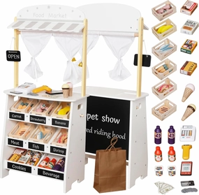 Kids Grocery Store Playset,Pretend Play Store Toy & Wooden Supermarket Shopping Cart with Toy Cash Register, Play Money&Blackboard;26PCS Food Toys Shop for 3  year old boys girls toddler baby