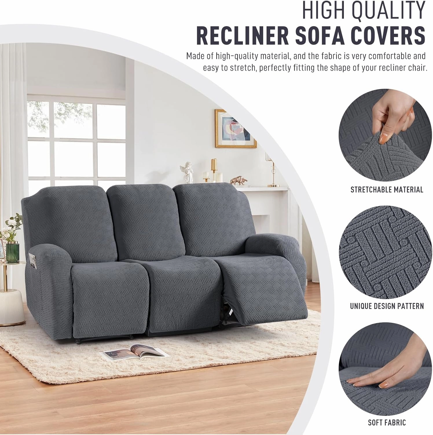 KinCam Recliner Covers, Stretch Reclining Chair Covers, Recliner Sofa Slipcovers Stripe Jacquard Recliner Couch Covers Furniture Protector Covers for Pet Kid (3 Seater, Dark Gray)