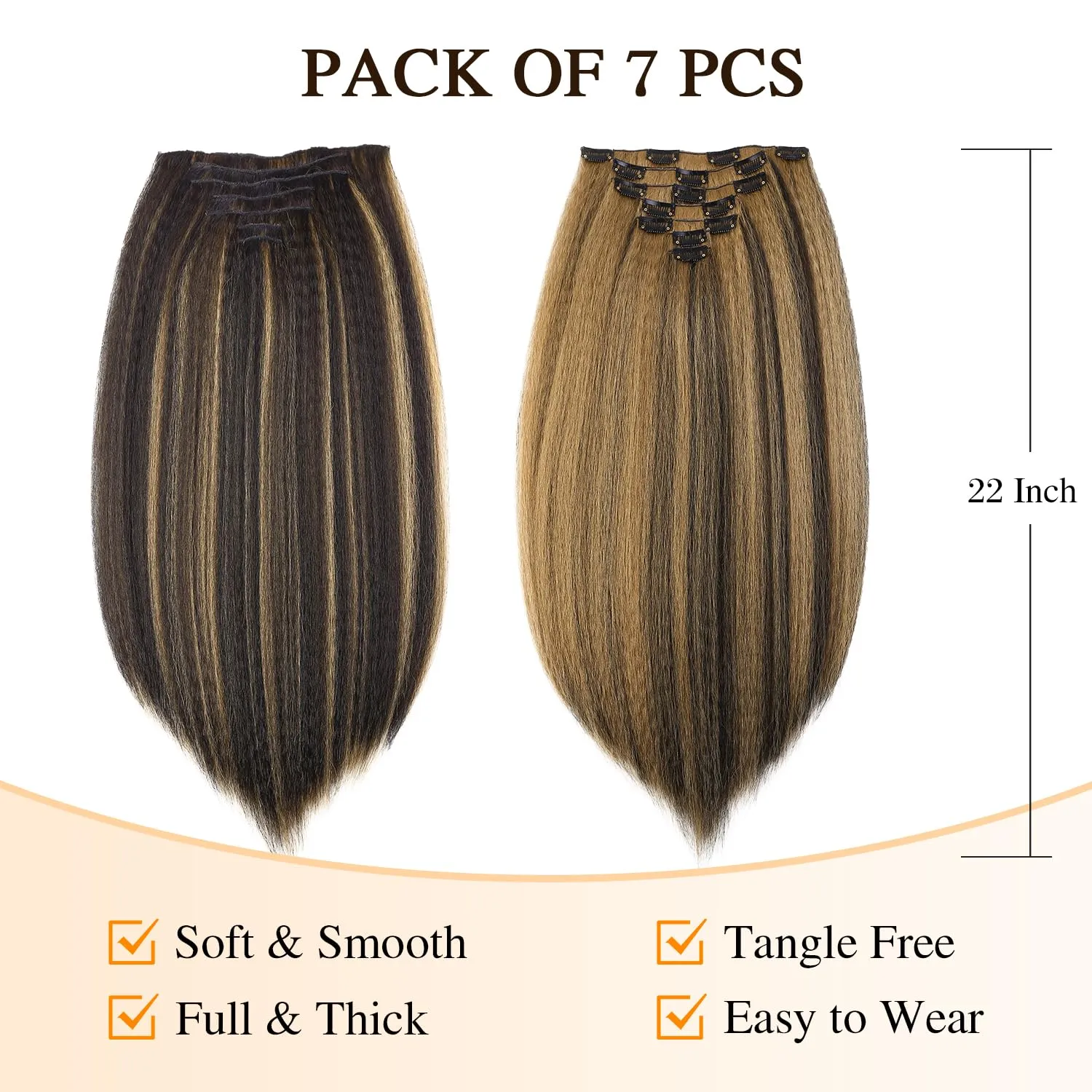 Kinky Straight Clip in Hair Extensions for Black Women Yaki Straight Clip Ins Full Head Highlights Synthetic Hair (22 Inch, Highlights 1B/27)