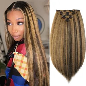 Kinky Straight Clip in Hair Extensions for Black Women Yaki Straight Clip Ins Full Head Highlights Synthetic Hair (22 Inch, Highlights 1B/27)