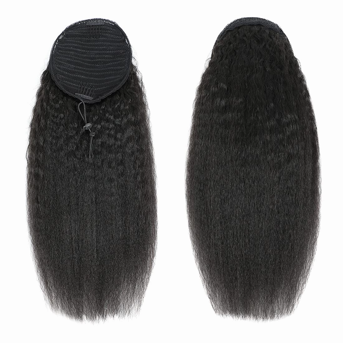 Kinky Straight Human Hair Ponytail Extension for Black Women 16 Inch 1 Piece Drawstring Clip In Extensions Color 1B Clip on Afro Yaki Straight Pony Hair Pieces 110g/set (16", Kinky Straight)