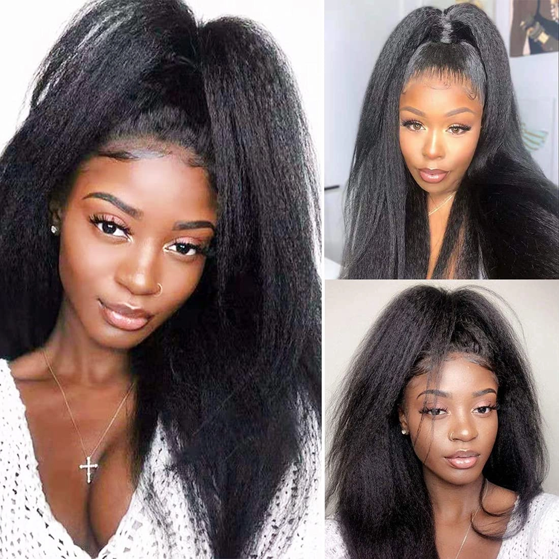 Kinky Straight Human Hair Ponytail Extension for Black Women 16 Inch 1 Piece Drawstring Clip In Extensions Color 1B Clip on Afro Yaki Straight Pony Hair Pieces 110g/set (16", Kinky Straight)