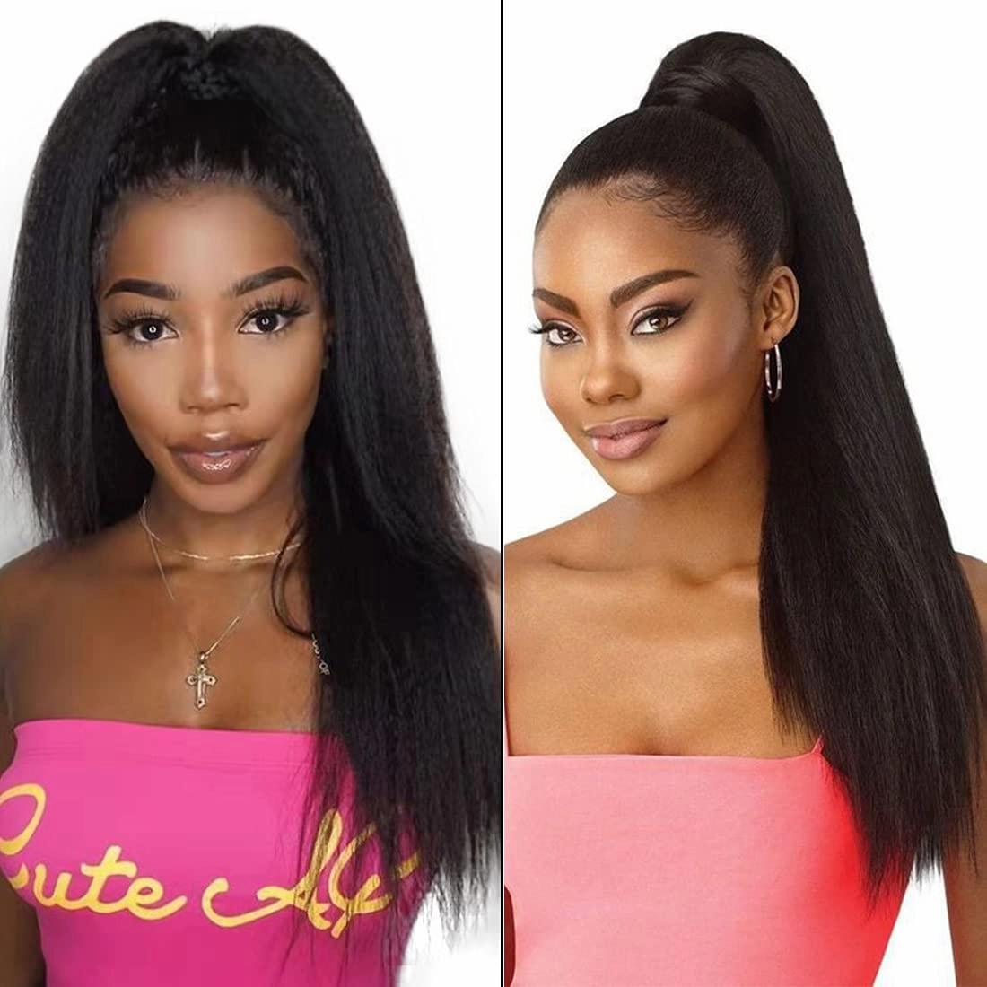 Kinky Straight Human Hair Ponytail Extension for Black Women 16 Inch 1 Piece Drawstring Clip In Extensions Color 1B Clip on Afro Yaki Straight Pony Hair Pieces 110g/set (16", Kinky Straight)