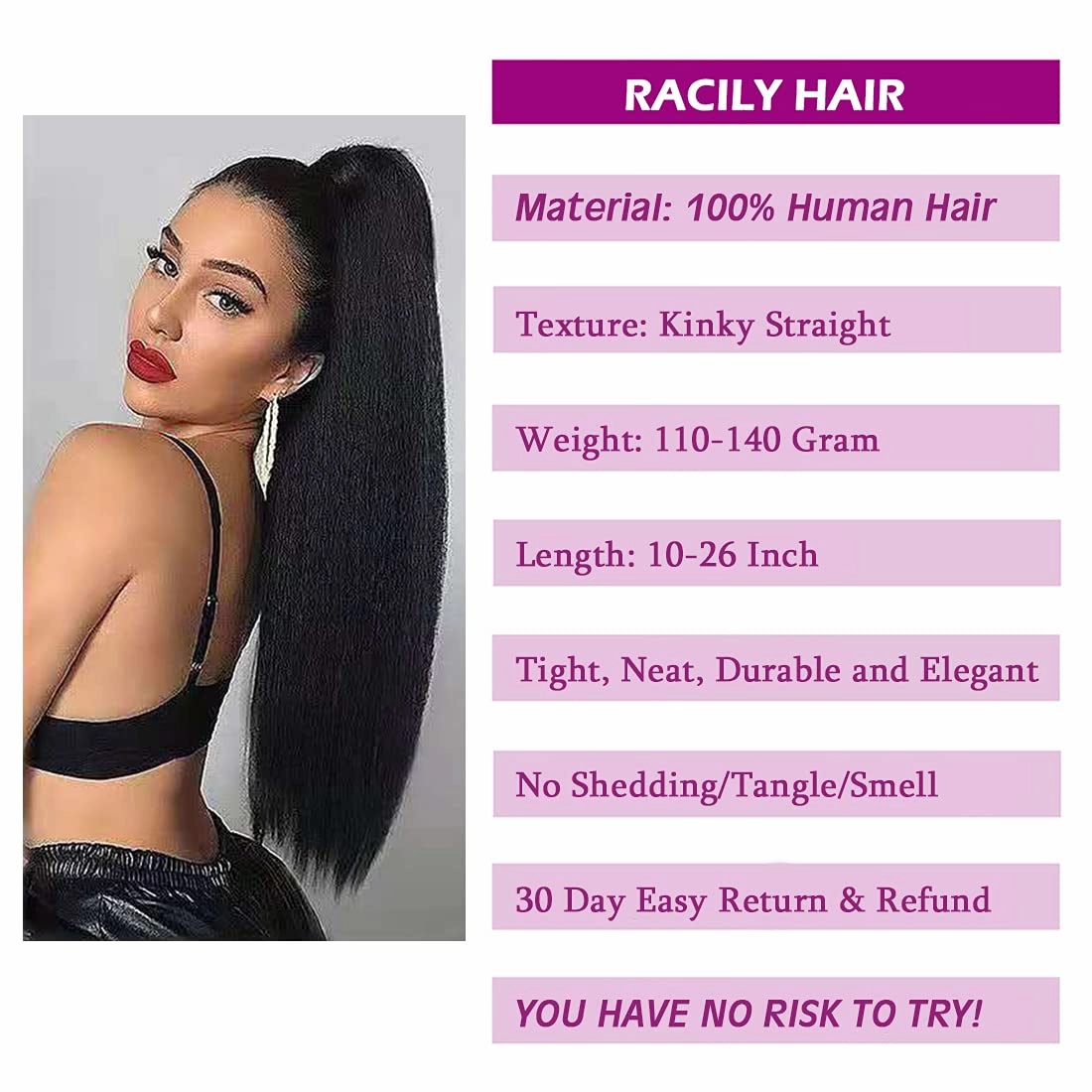 Kinky Straight Human Hair Ponytail Extension for Black Women 16 Inch 1 Piece Drawstring Clip In Extensions Color 1B Clip on Afro Yaki Straight Pony Hair Pieces 110g/set (16", Kinky Straight)
