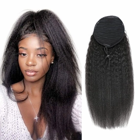 Kinky Straight Human Hair Ponytail Extension for Black Women 16 Inch 1 Piece Drawstring Clip In Extensions Color 1B Clip on Afro Yaki Straight Pony Hair Pieces 110g/set (16", Kinky Straight)