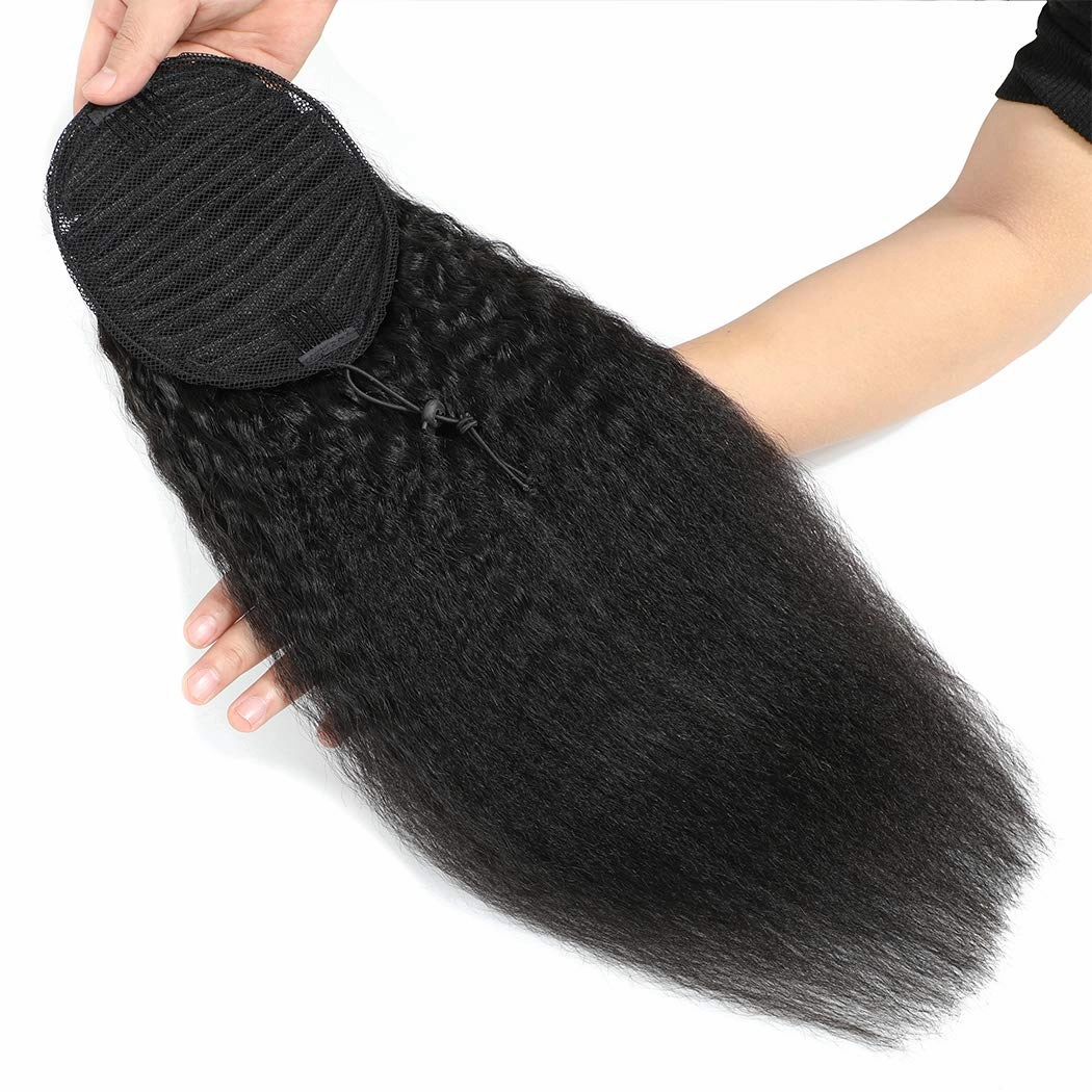 Kinky Straight Human Hair Ponytail Extension for Black Women 16 Inch 1 Piece Drawstring Clip In Extensions Color 1B Clip on Afro Yaki Straight Pony Hair Pieces 110g/set (16", Kinky Straight)