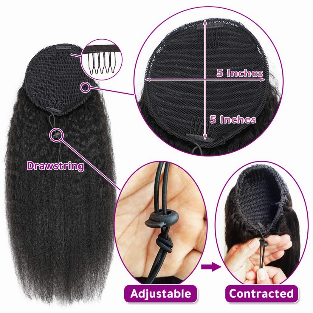 Kinky Straight Human Hair Ponytail Extension for Black Women 16 Inch 1 Piece Drawstring Clip In Extensions Color 1B Clip on Afro Yaki Straight Pony Hair Pieces 110g/set (16", Kinky Straight)