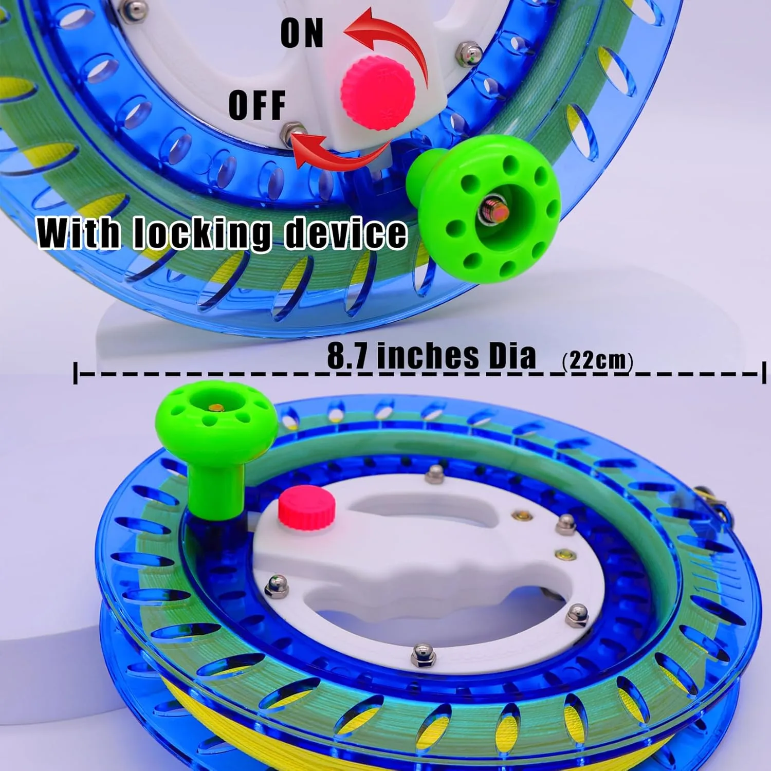 Kite Reel and Line Spool, 8.7in Dia with 1200ft Kite String, Winder with Lock and Connector for Kids & Adults (Blue)