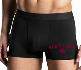 Knaughty Knickers Slut for BBC Jack of Spades Mens Boxer Briefs with Front Design No Fly Stretchy Sexy Black Colorful Trunks
