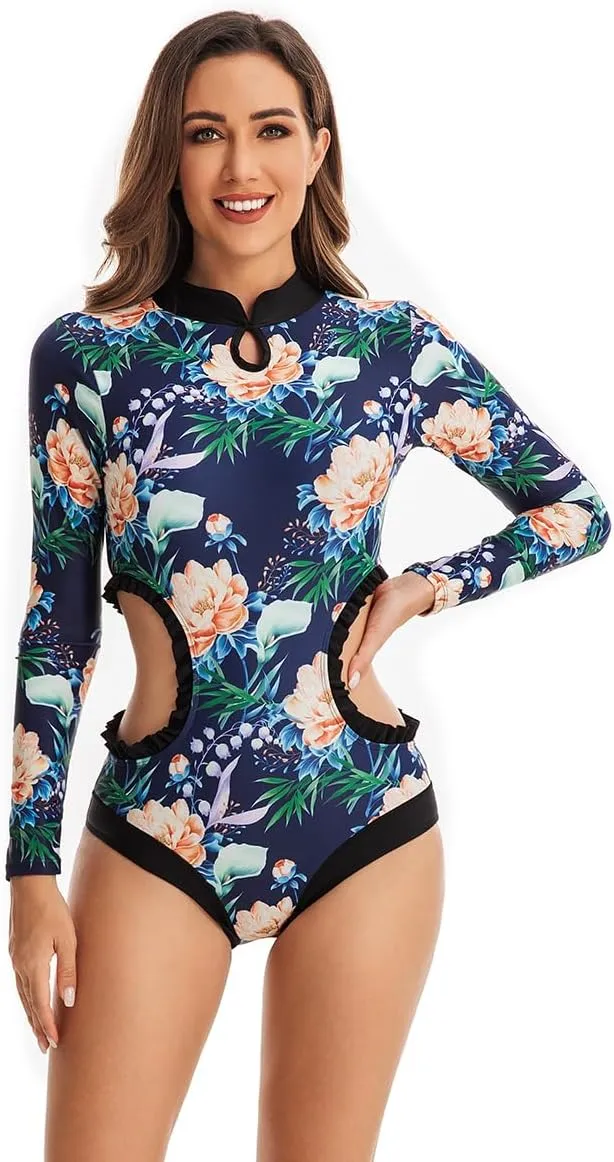 LafyKoly Women's One Piece Rash Guard Swimwear Long Sleeve Zipper UV Protection Swimsuit Surfing Bathing Suits