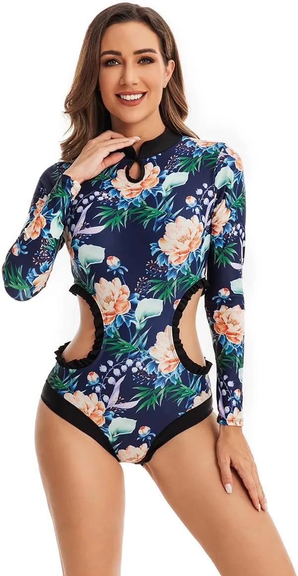 LafyKoly Women's One Piece Rash Guard Swimwear Long Sleeve Zipper UV Protection Swimsuit Surfing Bathing Suits