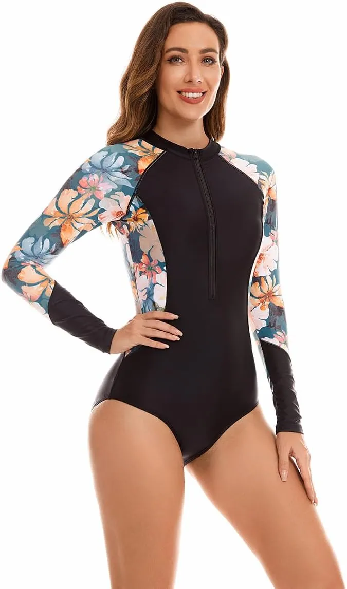 LafyKoly Women's One Piece Rash Guard Swimwear Long Sleeve Zipper UV Protection Swimsuit Surfing Bathing Suits