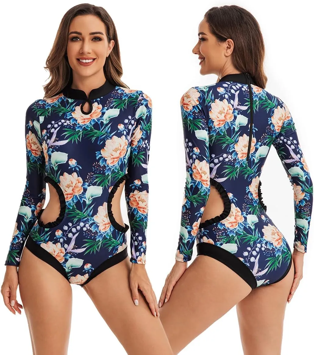 LafyKoly Women's One Piece Rash Guard Swimwear Long Sleeve Zipper UV Protection Swimsuit Surfing Bathing Suits