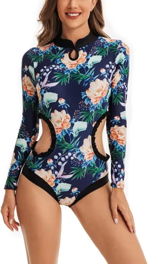 LafyKoly Women's One Piece Rash Guard Swimwear Long Sleeve Zipper UV Protection Swimsuit Surfing Bathing Suits