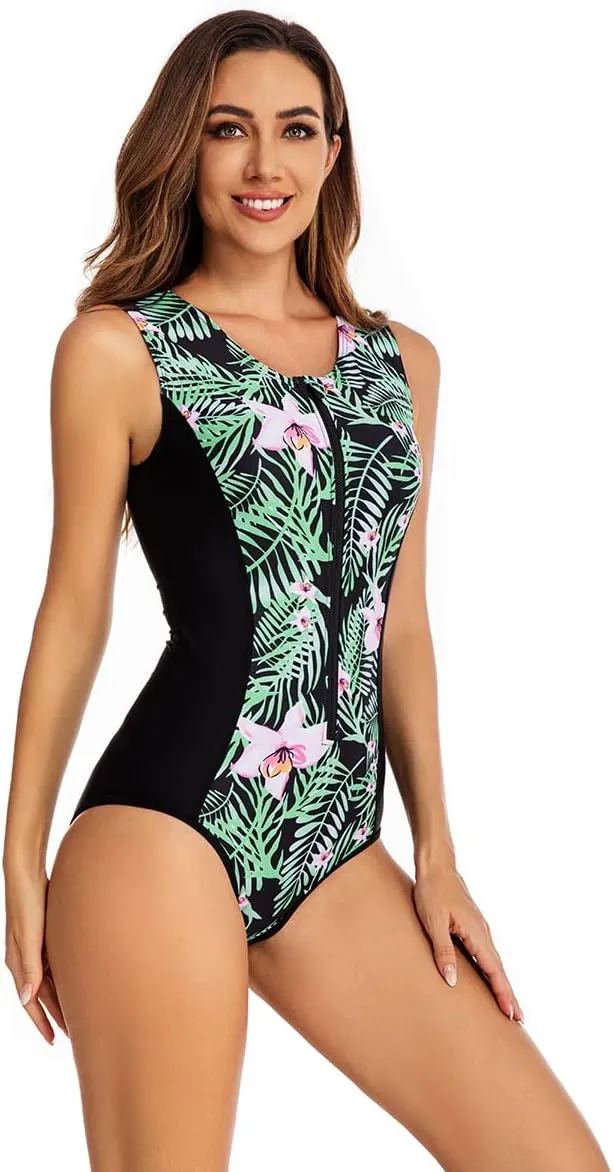 LafyKoly Women's One Piece Sleeveless Swimsuit Athletic Printed Zipper Surfing Monokini Swimwear Bathing Suit