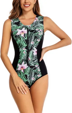 LafyKoly Women's One Piece Sleeveless Swimsuit Athletic Printed Zipper Surfing Monokini Swimwear Bathing Suit