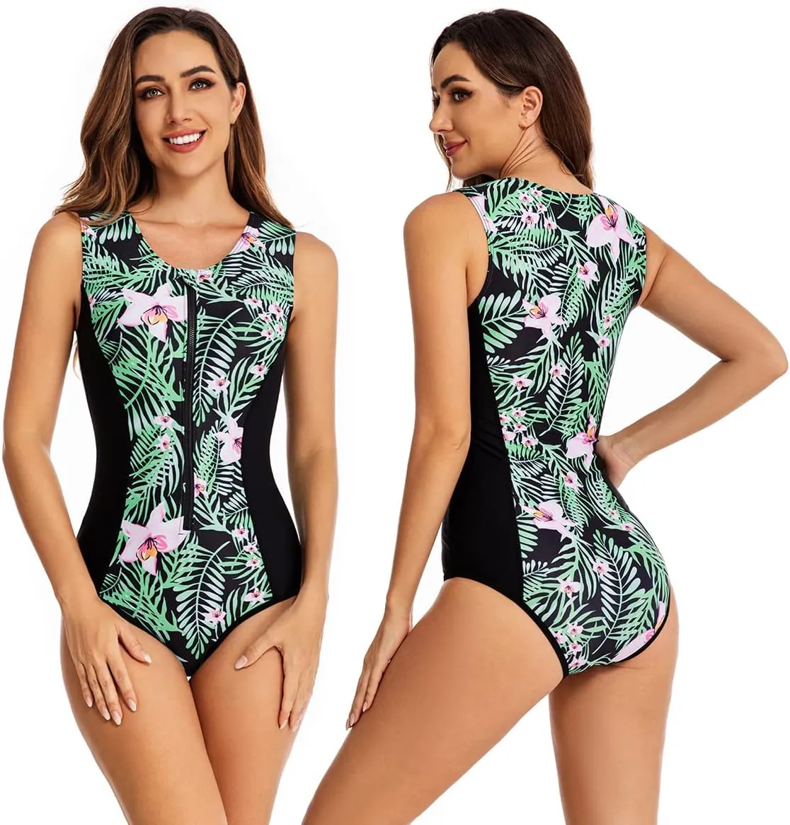 LafyKoly Women's One Piece Sleeveless Swimsuit Athletic Printed Zipper Surfing Monokini Swimwear Bathing Suit