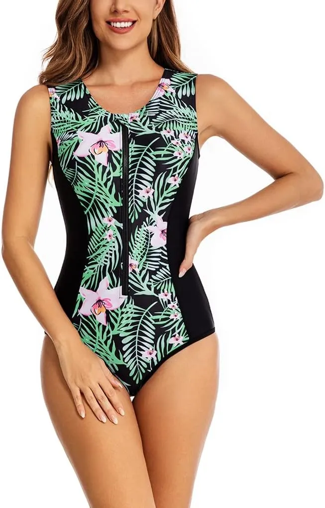 LafyKoly Women's One Piece Sleeveless Swimsuit Athletic Printed Zipper Surfing Monokini Swimwear Bathing Suit