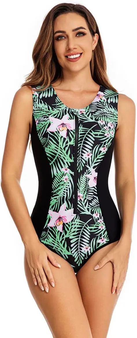 LafyKoly Women's One Piece Sleeveless Swimsuit Athletic Printed Zipper Surfing Monokini Swimwear Bathing Suit
