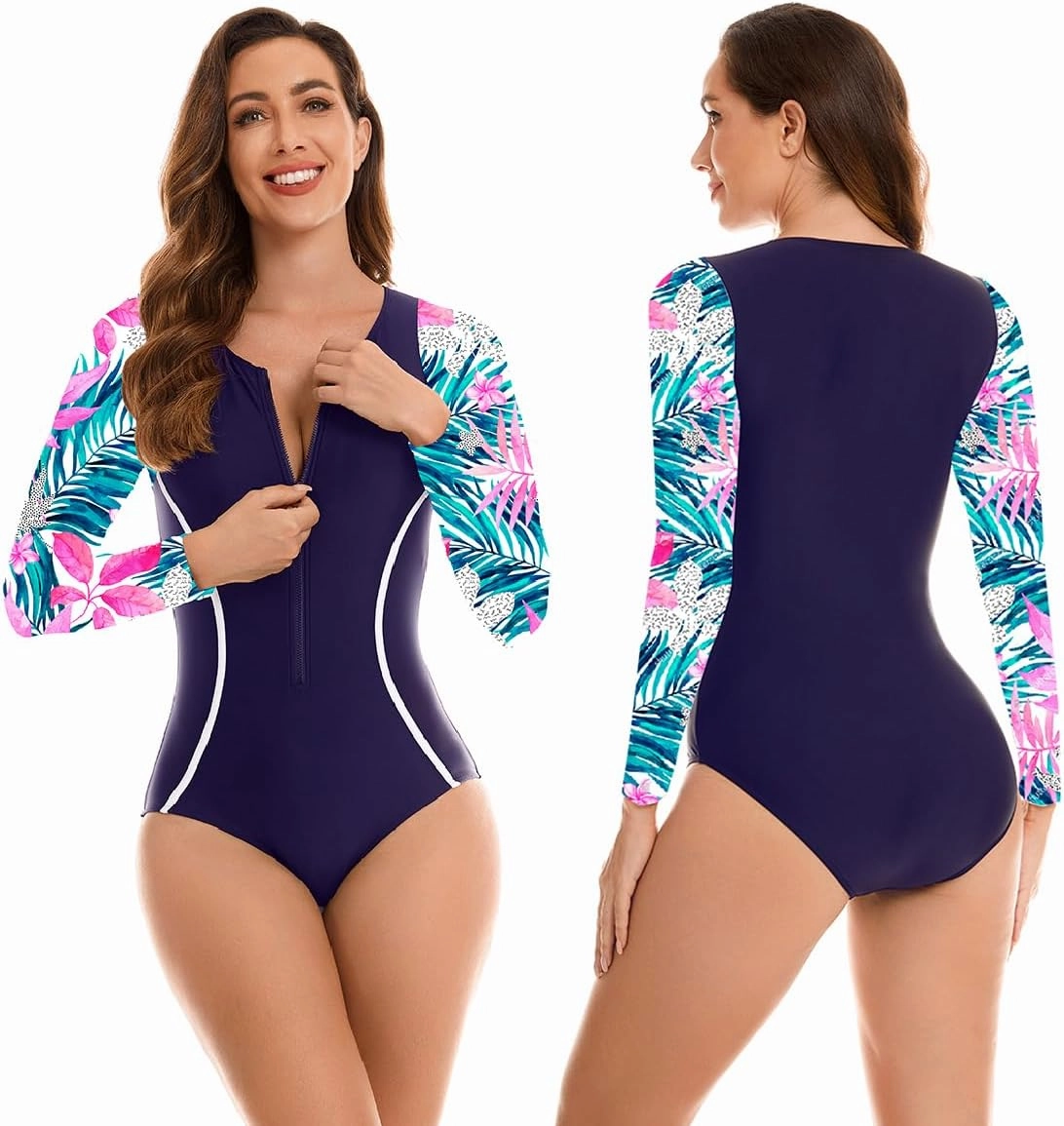 LafyKoly Women's One Piece Rash Guard Swimwear Long Sleeve Zipper UV Protection Swimsuit Surfing Bathing Suits