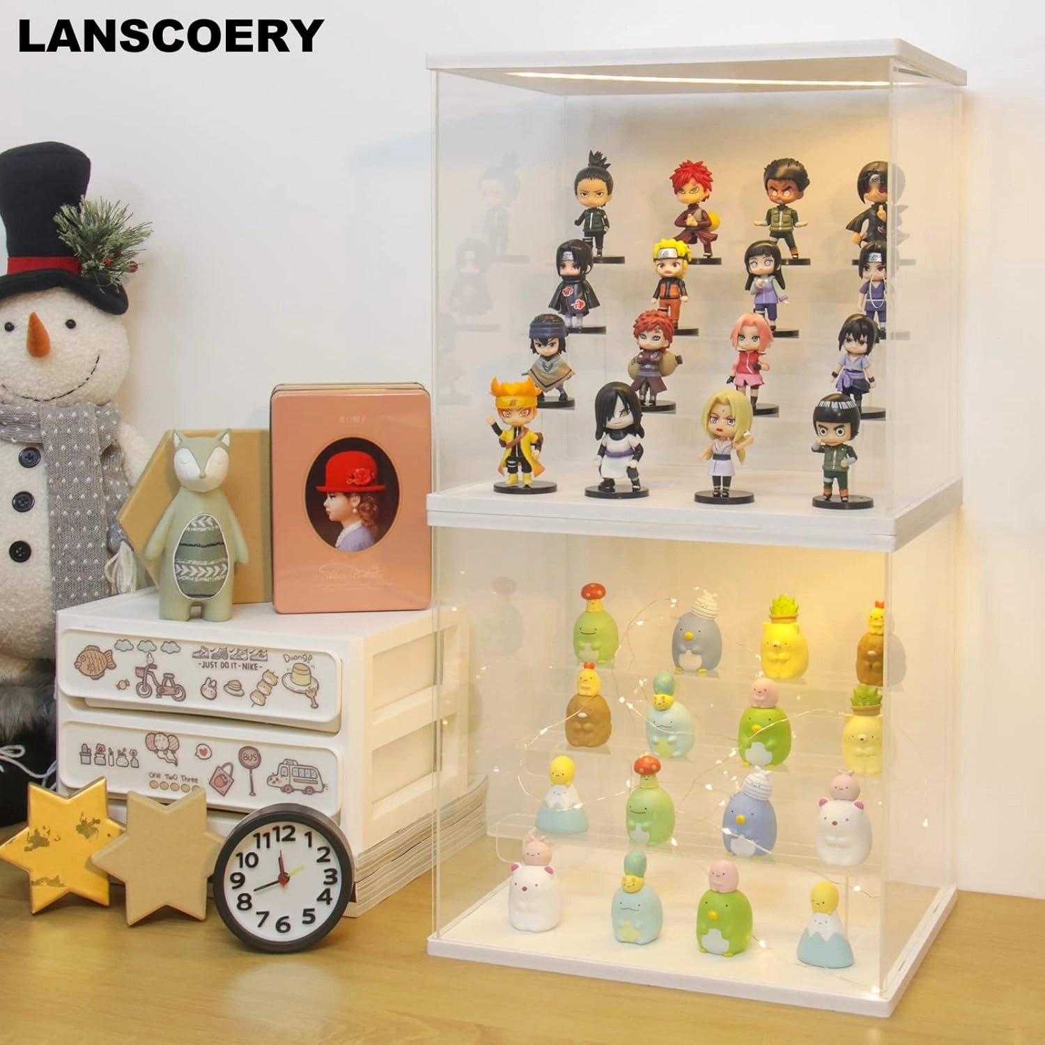 LANSCOERY Acrylic Display Case with LED Light, Clear 5 Tier Organization, Dustproof White Display Box, Exclusive Showcase for Collectibles, Mini Figures and Funko Pop, 11.8x11x11.8inch