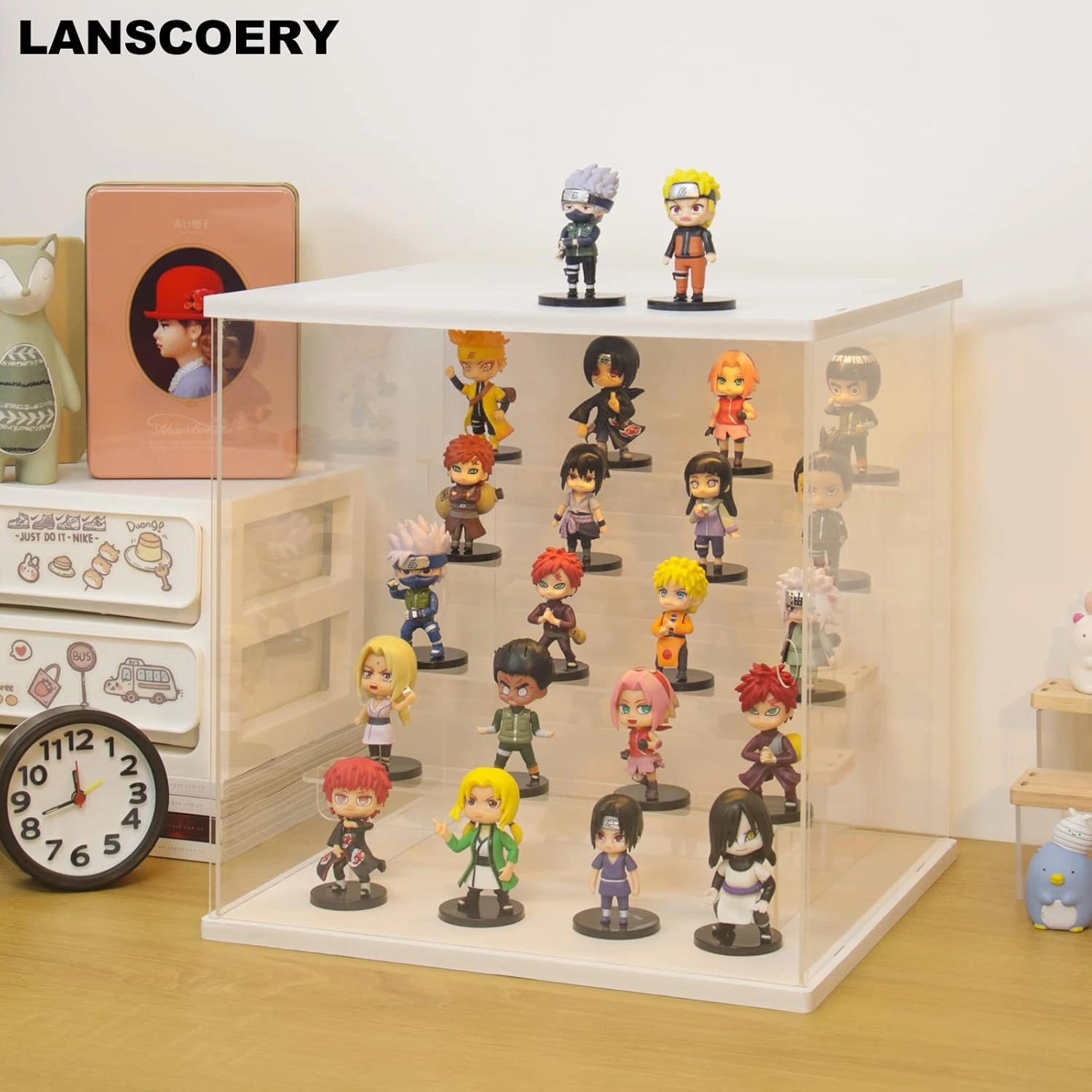 LANSCOERY Acrylic Display Case with LED Light, Clear 5 Tier Organization, Dustproof White Display Box, Exclusive Showcase for Collectibles, Mini Figures and Funko Pop, 11.8x11x11.8inch