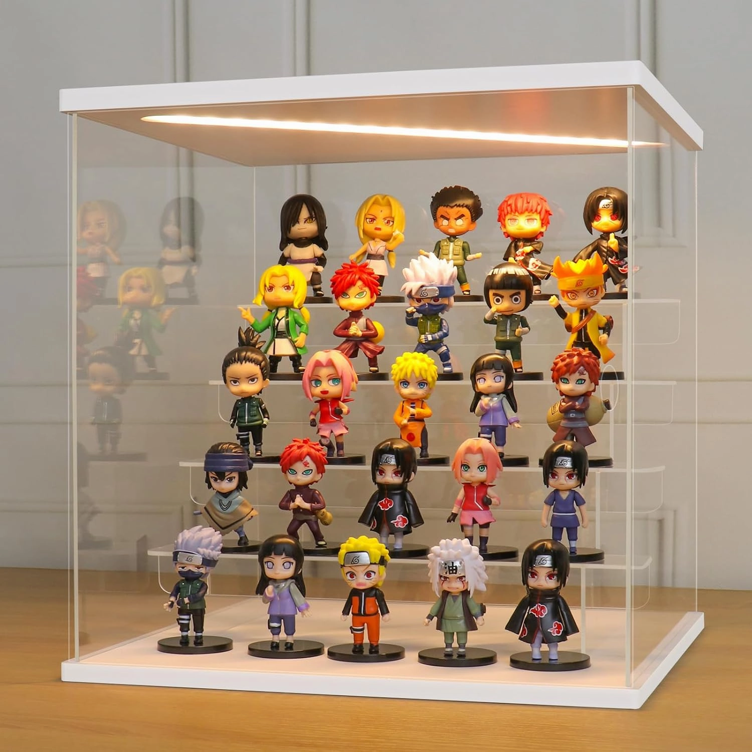 LANSCOERY Acrylic Display Case with LED Light, Clear 5 Tier Organization, Dustproof White Display Box, Exclusive Showcase for Collectibles, Mini Figures and Funko Pop, 11.8x11x11.8inch