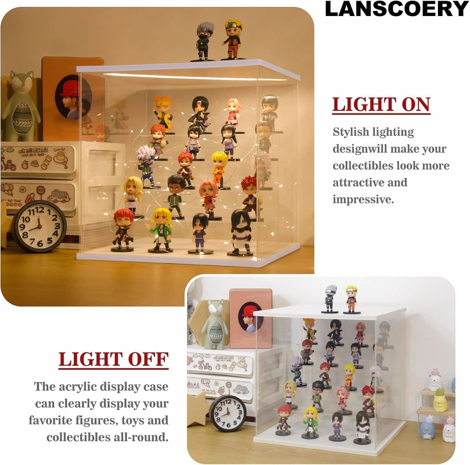 LANSCOERY Acrylic Display Case with LED Light, Clear 5 Tier Organization, Dustproof White Display Box, Exclusive Showcase for Collectibles, Mini Figures and Funko Pop, 11.8x11x11.8inch