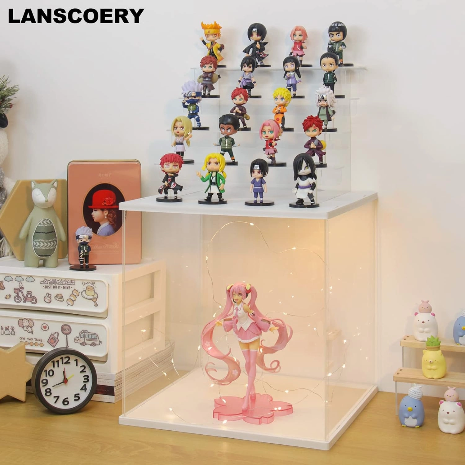 LANSCOERY Acrylic Display Case with LED Light, Clear 5 Tier Organization, Dustproof White Display Box, Exclusive Showcase for Collectibles, Mini Figures and Funko Pop, 11.8x11x11.8inch