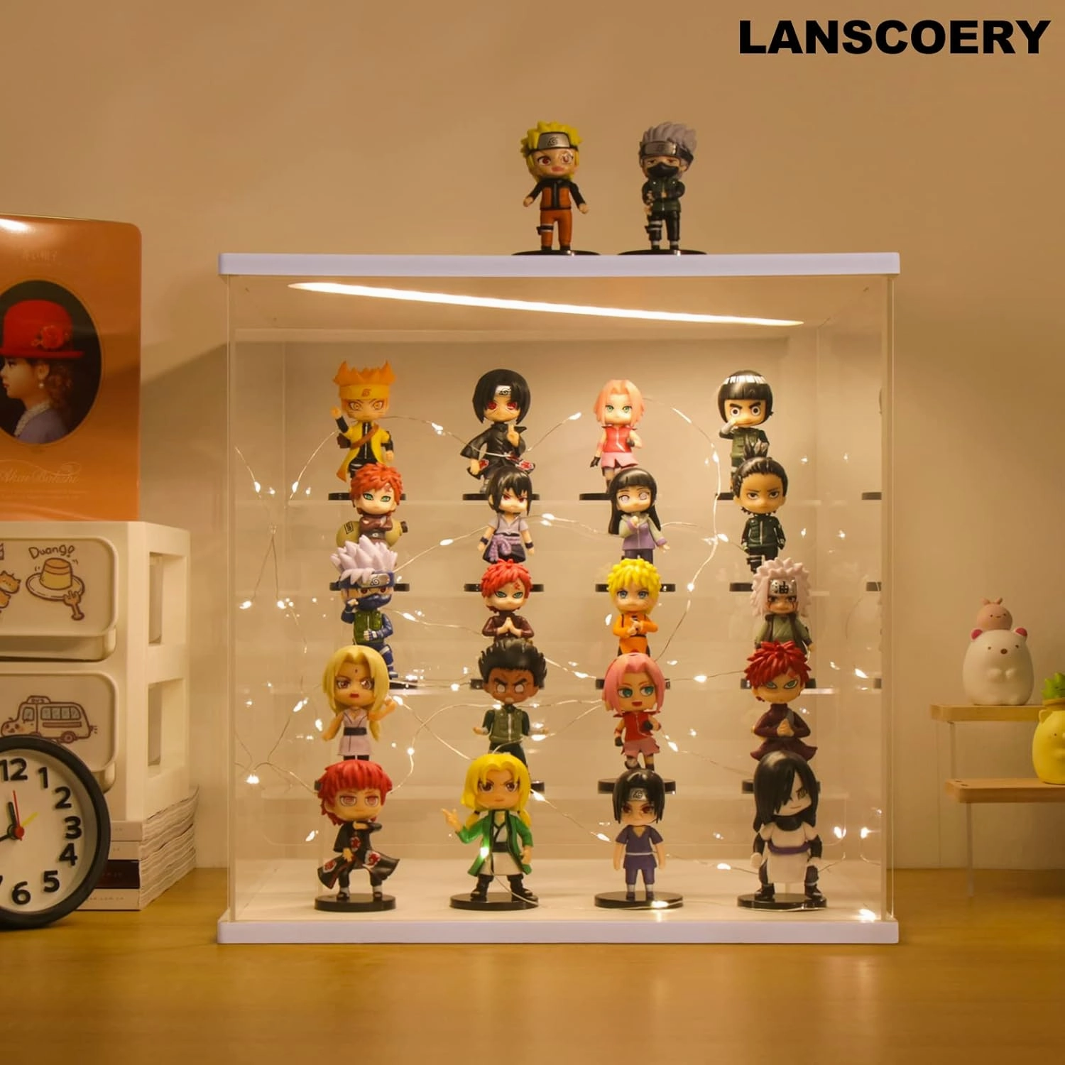 LANSCOERY Acrylic Display Case with LED Light, Clear 5 Tier Organization, Dustproof White Display Box, Exclusive Showcase for Collectibles, Mini Figures and Funko Pop, 11.8x11x11.8inch