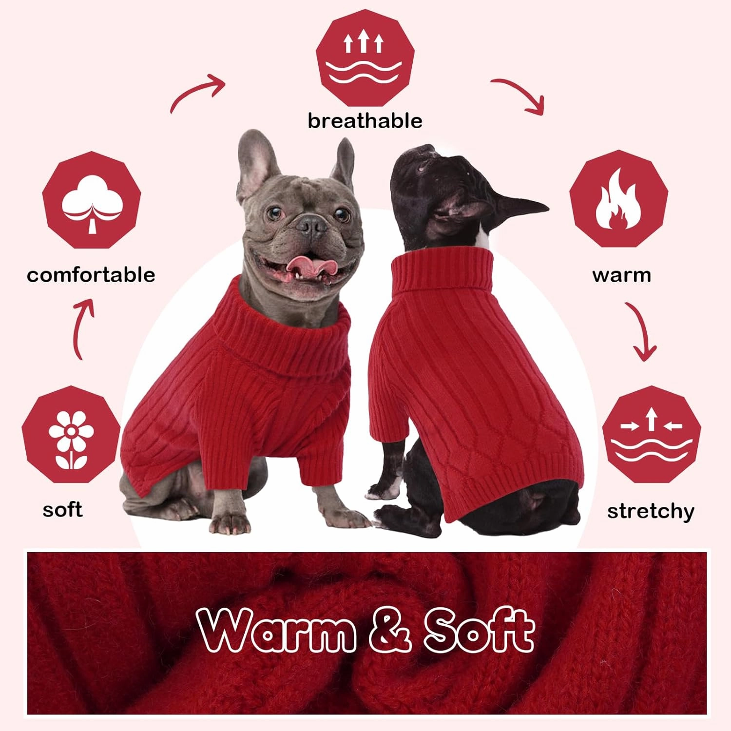 Large Breed Dog Sweaters, Warm Winter Fall Turtleneck Knitwear for Girls Boys, Christmas Sweater, Pet Sweatshirt Clothes Outfit for Great Dane, Doberman (Red XXXXL)