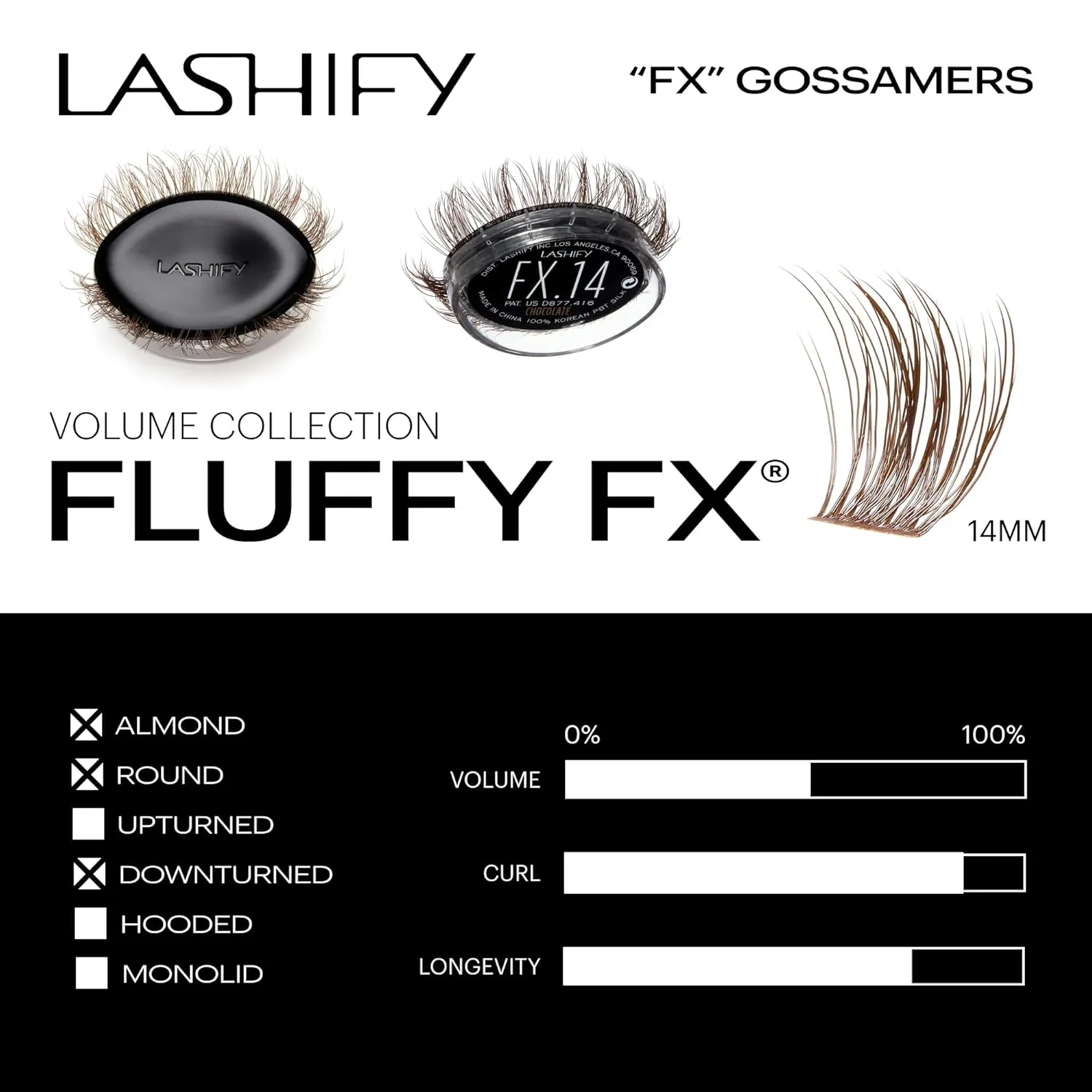 Lashify Fluffy FX 14mm Gossamer DIY Eyelash Extensions Refill, For The Most Curliest and Fluttery Appearance, Chocolate Color, Easy False Lashes