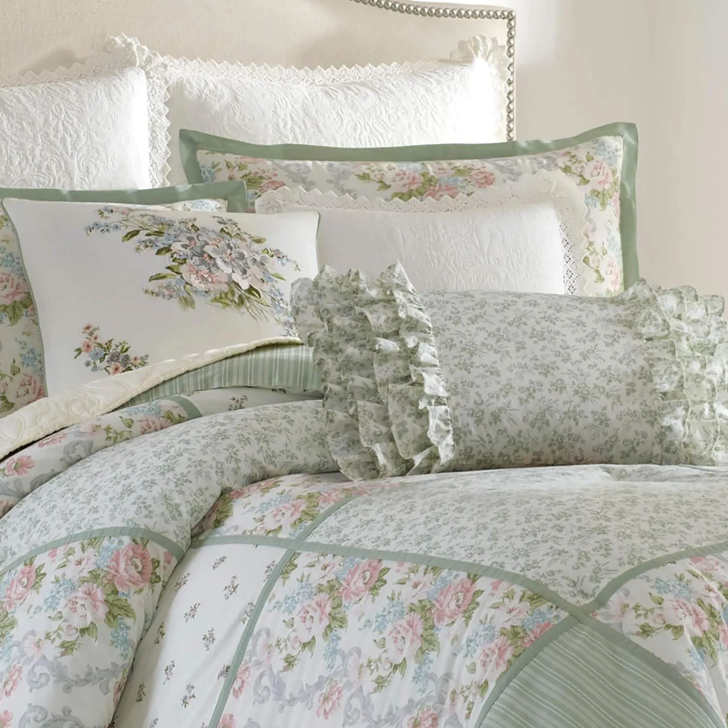 Laura Ashley - Queen Comforter Set, Reversible Cotton Bedding with Matching Shams & Bedskirt, Stylish Home Decor for All Seasons (Harper Sage, Queen)