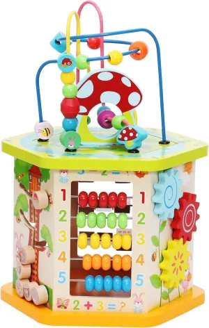 LAVIEVERT 9-in-1 Wooden Play Cube Activity Center Multifunctional Bead Maze Shape Sorter Educational Toys Game for Toddlers & Kids