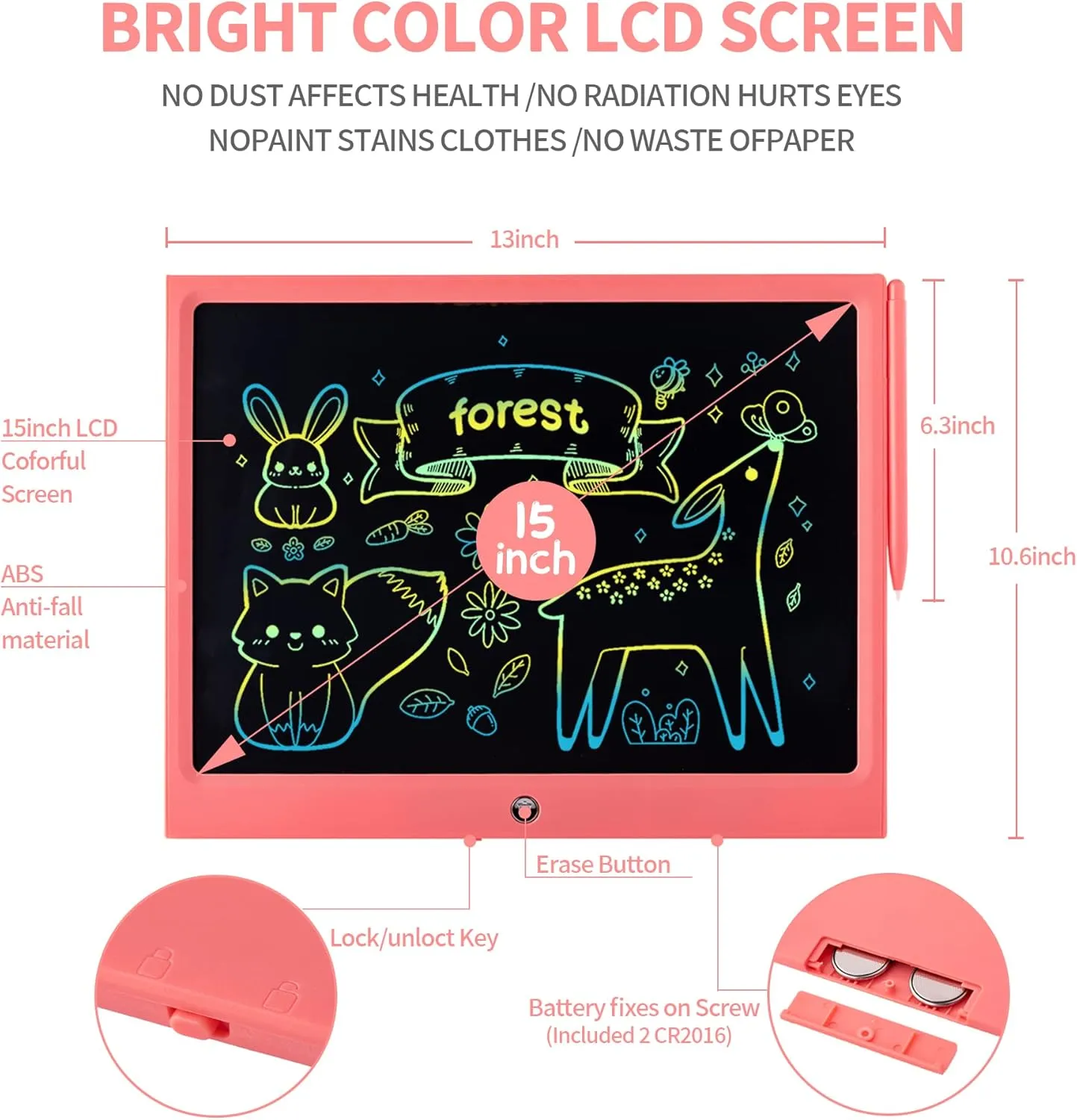 LCD Writing Tablet for Kids, 15 Inch Colorful Electronic Doodle Board for Kids Age 3  Toys Christmas Birthday Erasable Drawing Tablet Toddler Learning Toys