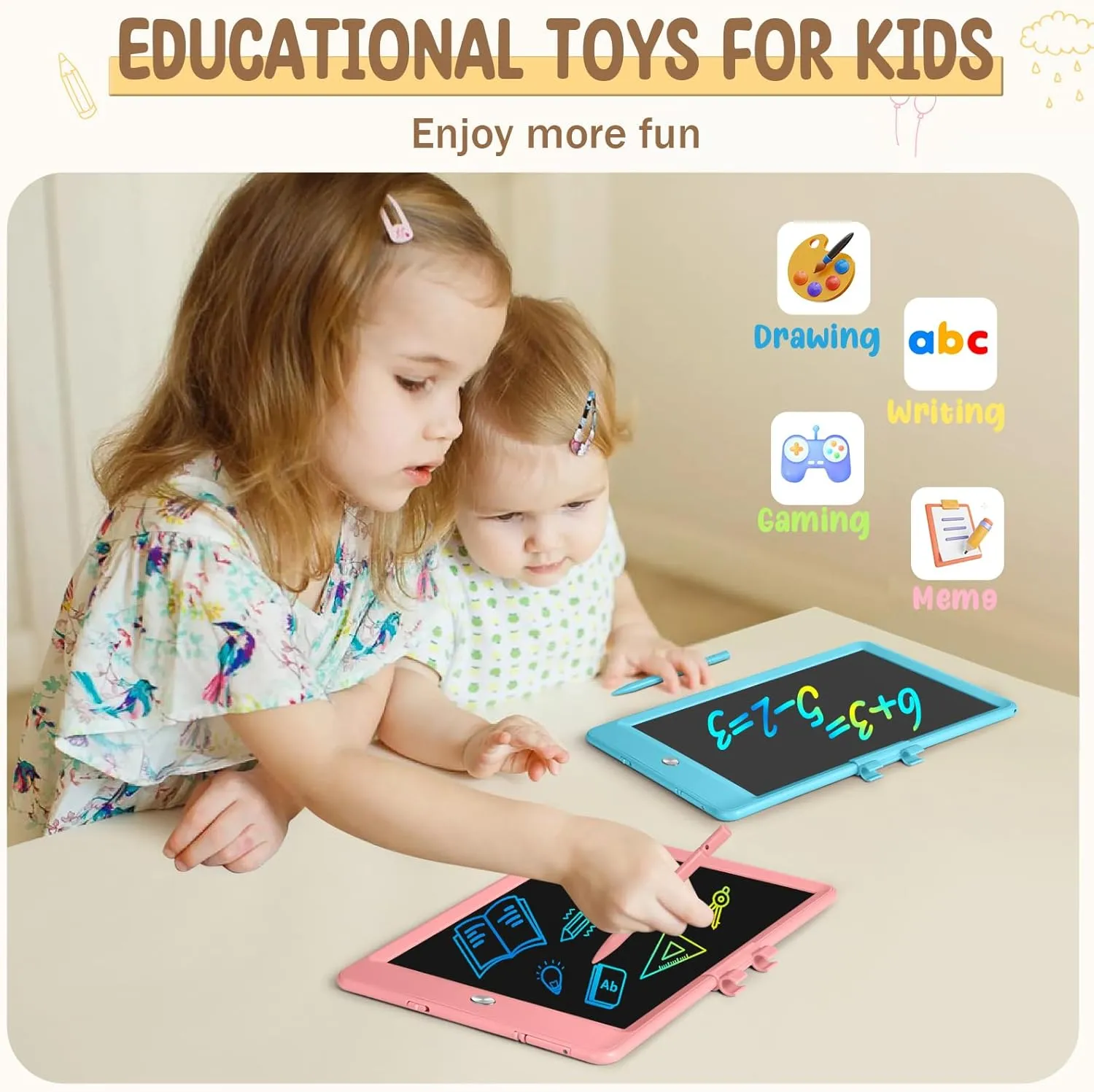 LCD Writing Tablet for Kids, Reusable Doodle Board, 2Pack Drawing Tablet Drawing Pad for Kids with String, Educational Toddler Kids Travel Toys, Birthday Gifts for 3 4 5 6 Year Old Girls Boys