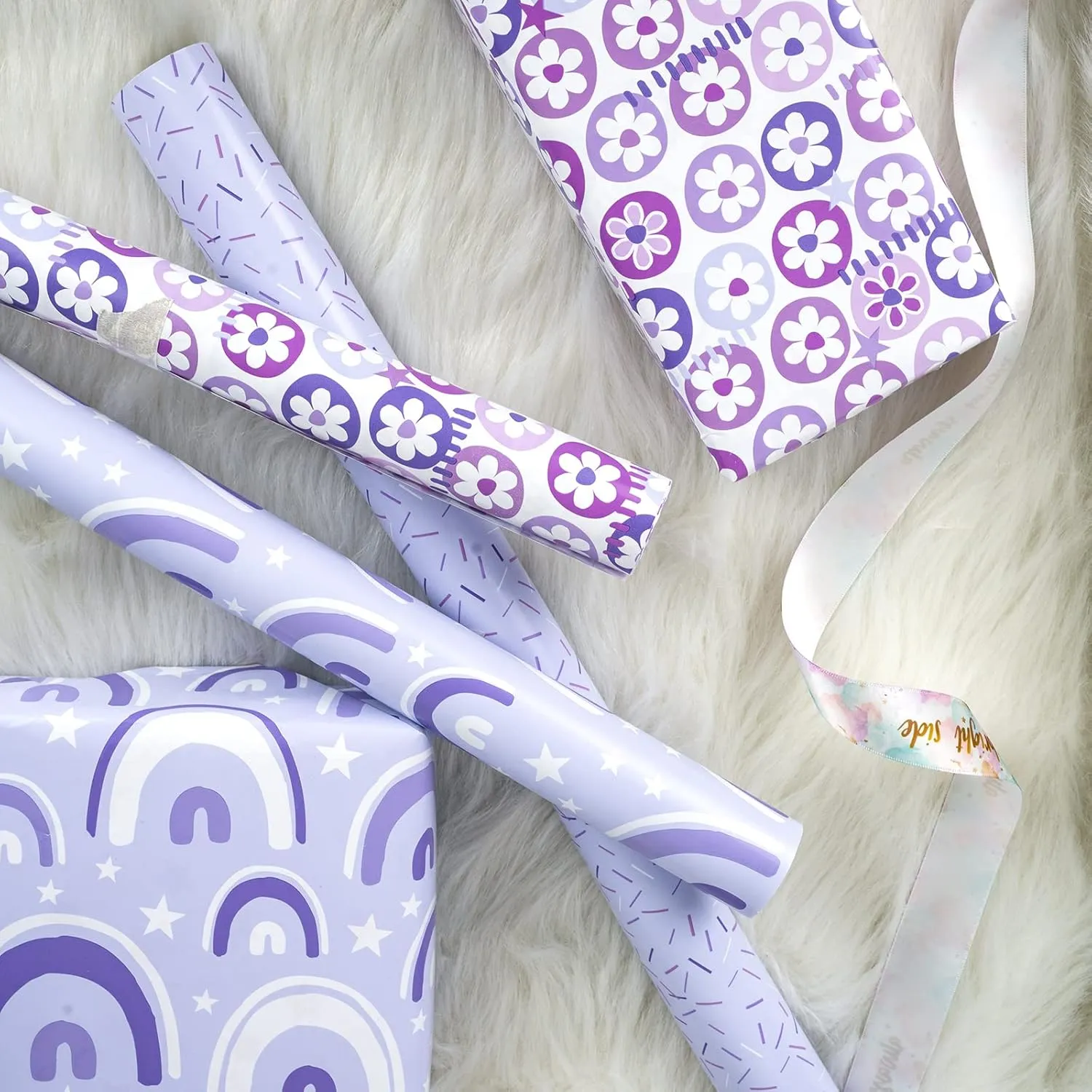 LeZakaa Purple Gift Wrapping Paper, Flower Ball/Colorful Strip/Arch Print for Wedding, Mother's Day, Birthday, Mini Roll, 17 x 120 inches, 3 Rolls (42.5 sq.ft.ttl.)