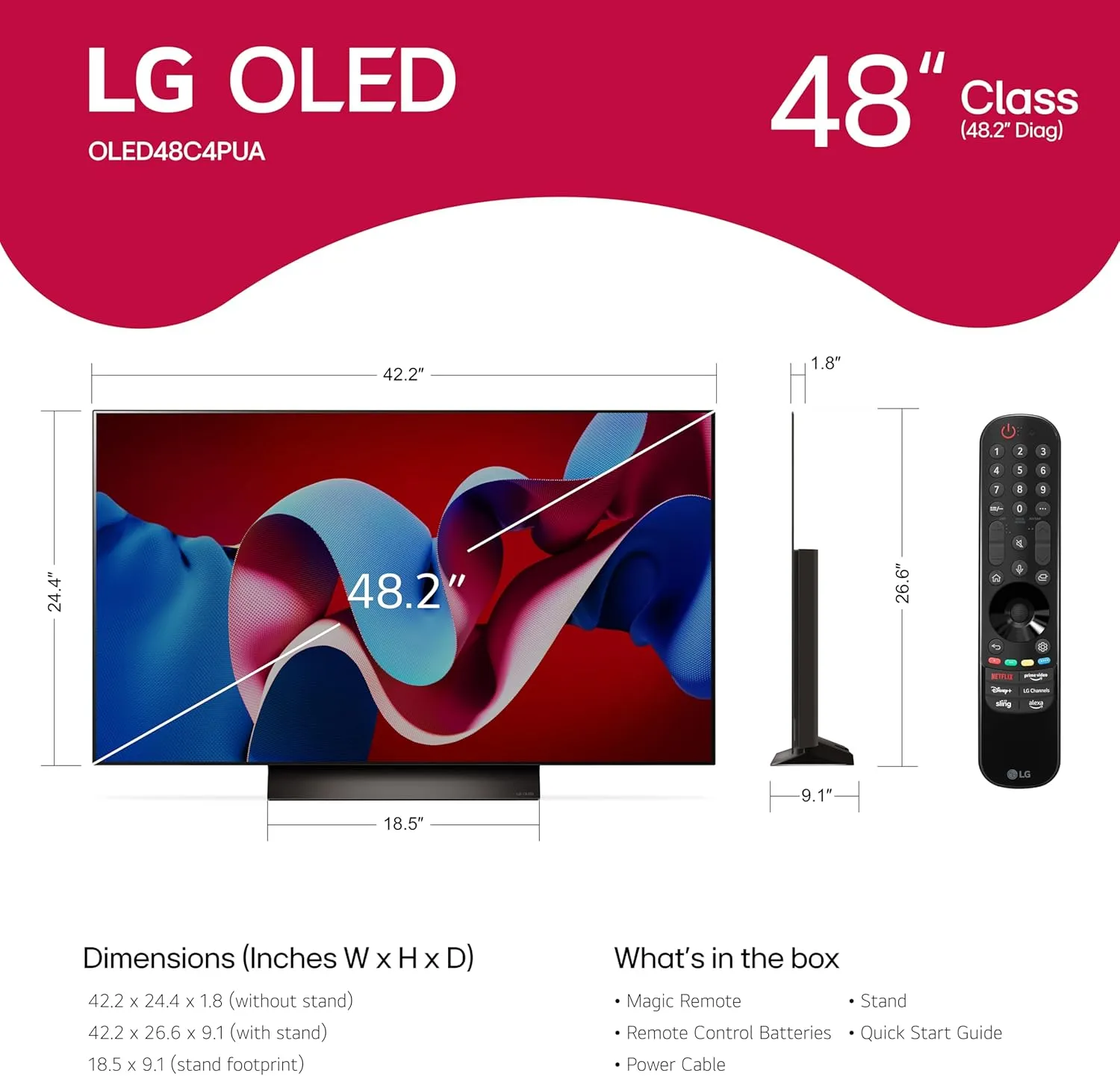 LG 48-Inch Class OLED evo C4 Series Smart TV 4K Processor Flat Screen with Magic Remote AI-Powered with Alexa Built-in (OLED48C4PUA, 2024),Black