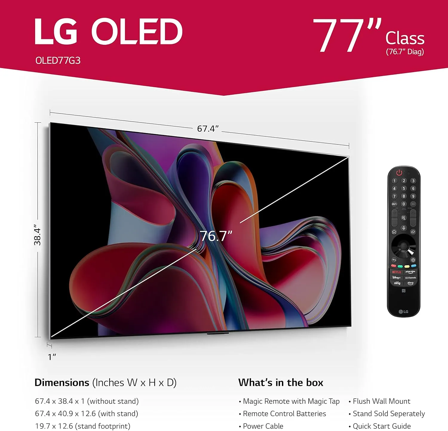 LG G3 Series 77-Inch Class OLED evo 4K Processor Smart Flat Screen TV for Gaming with Magic Remote AI-Powered Gallery Edition OLED77G3PUA, 2023 with Alexa Built-in