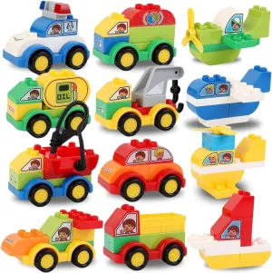 Liberty Imports 70 Pcs Toddlers Car Big Building Blocks Set, 12Pcs Different Vehicles, Kids Build Your Own Toy Cars, Compatible with Major Brands